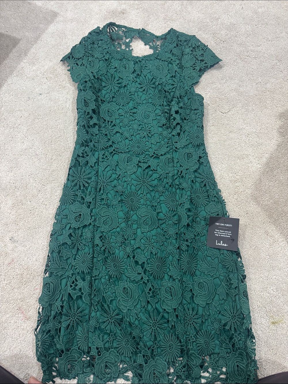 Lulu's Teal Green Floral Crochet Cap-Sleeve Dress